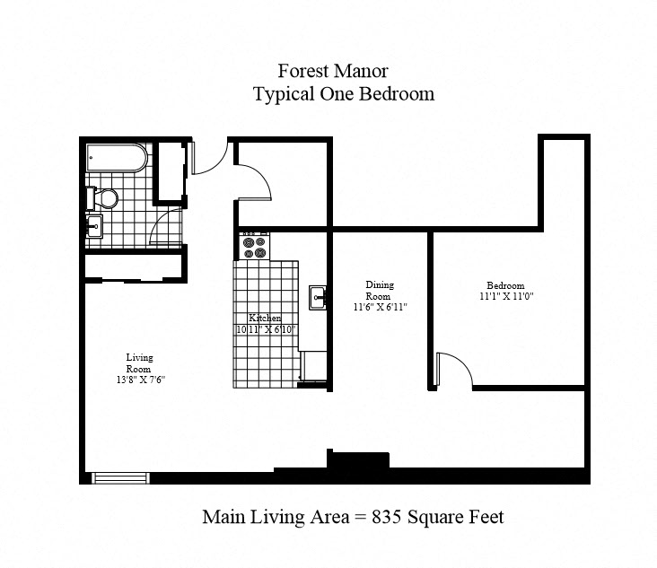 Floor plan for 1 bed, 1 bath, 835 sqft
